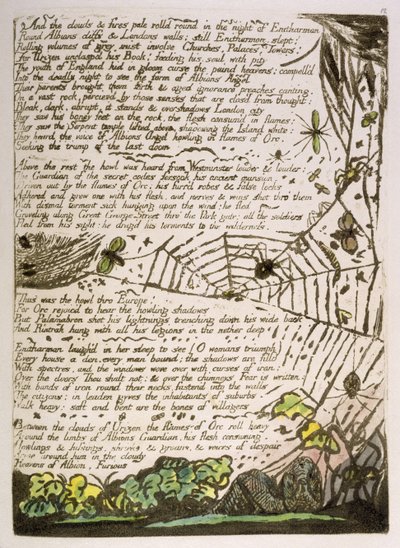 „A chmury i ogień...”, tablica 14 z „Europa. Przepowiednia, 1794 (akwaforta wypukła wydrukowana w kolorze ciemnobrązowym z toaletą i olejem na papierze) autorstwa William Blake